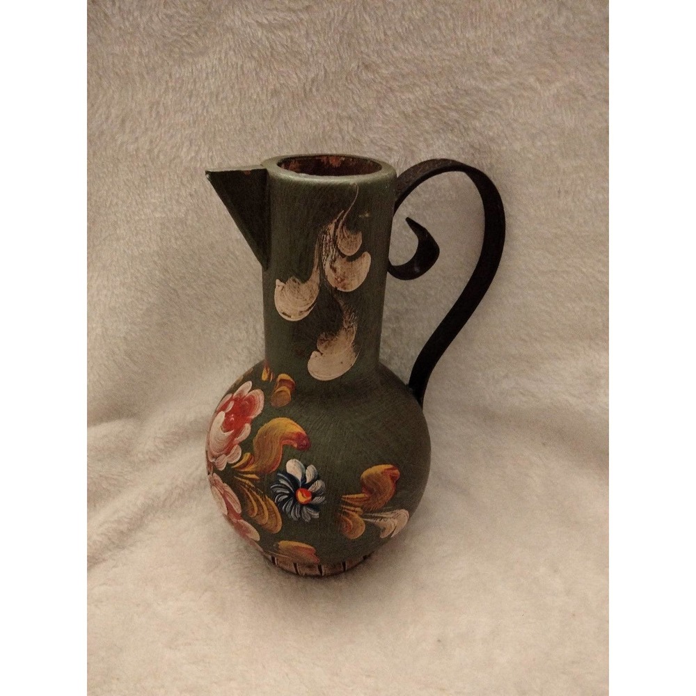 Vintage wood metal hand painted floral vase 8" tall